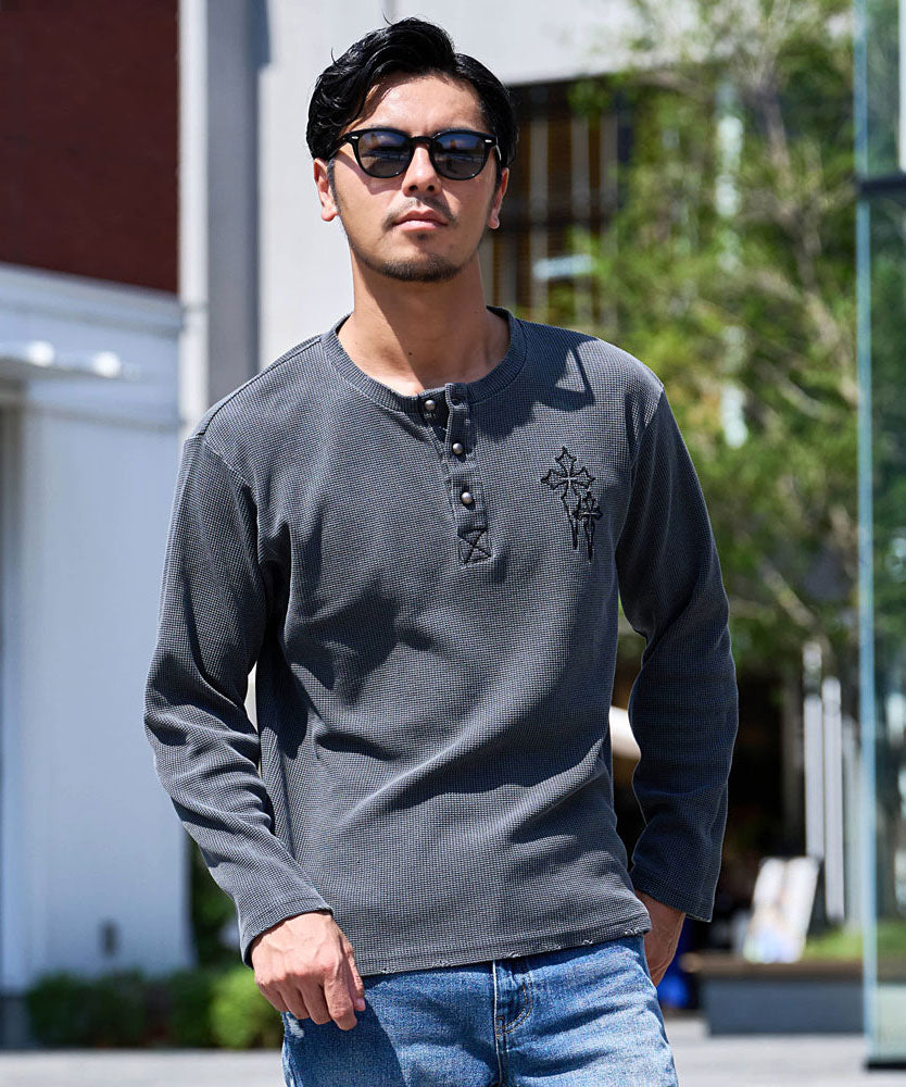 シルバーバレットセレクト SB Select SB select ヴィンテージ風クロス刺繍ワッフルダメージロンT （2(CHA/チャコール)） 2(CHA/チャコール)