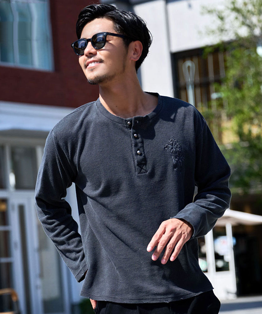 シルバーバレットセレクト SB Select SB select ヴィンテージ風クロス刺繍ワッフルダメージロンT （1(BLK/ブラック)） 1(BLK/ブラック)