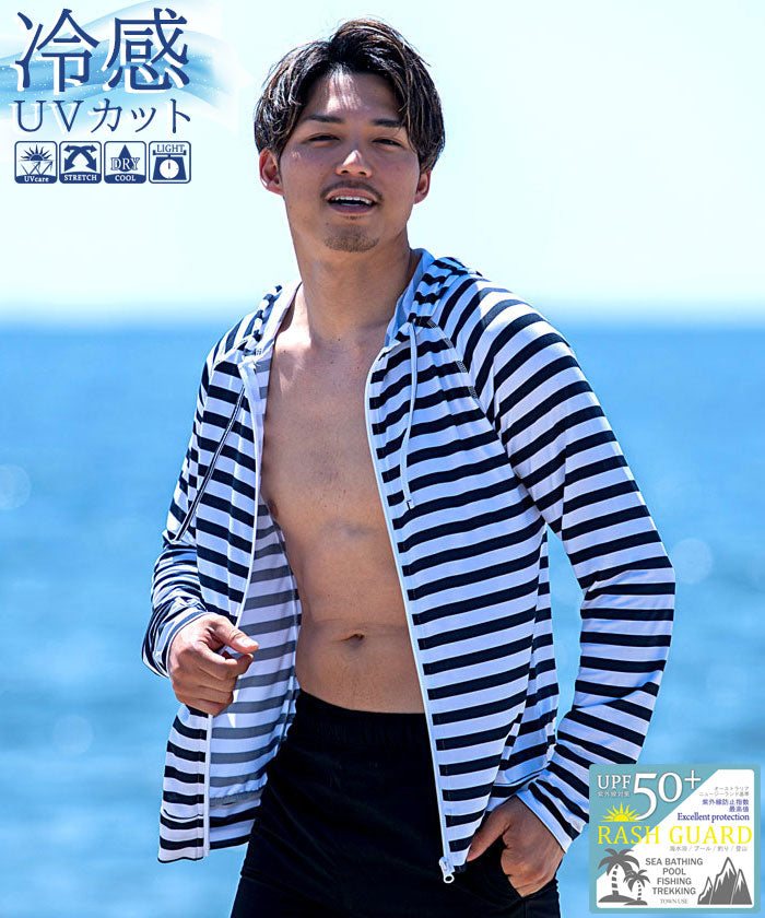 ビッチ VICCI VICCI ラッシュガード長袖ジップアップパーカー 水着 接触冷感 紫外線防止【返品不可商品】,BORDER NAVY(ボーダーネイビー)