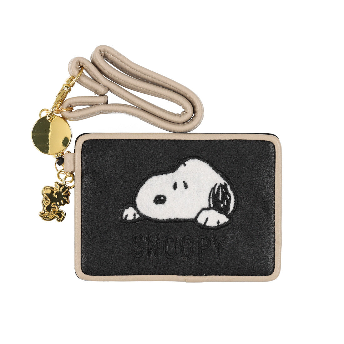 ピーナッツ PEANUTS スヌーピー ふわふわ刺繍 リール付き パスケース 定期入れ（ブラック） ブラック