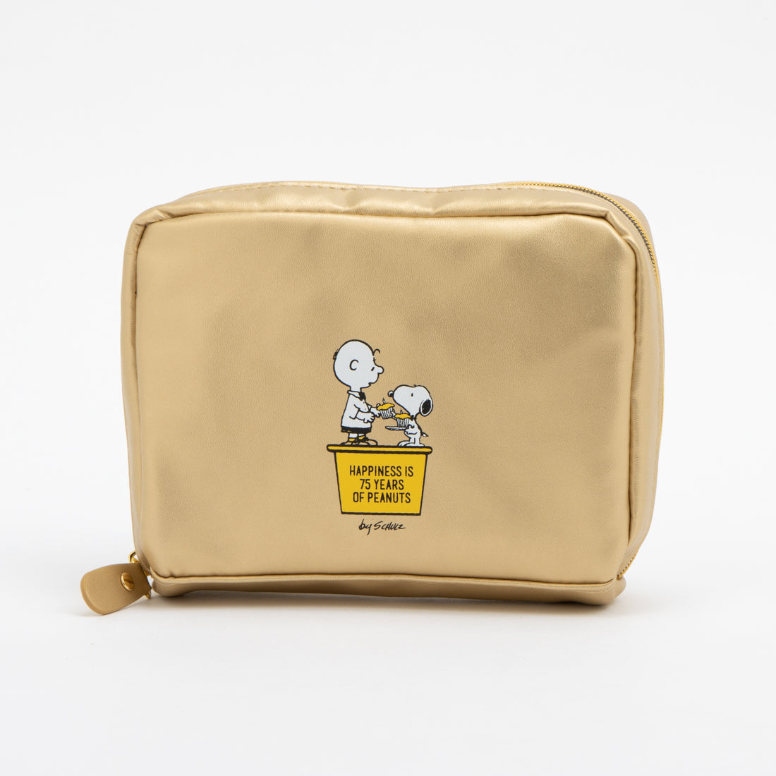 ピーナッツ PEANUTS コスメポーチ 大容量 ラウンドファスナー プリント柄 75周年 記念 限定 PEANUTS 可愛い キャラクター グッズ （ゴールド） ゴールド