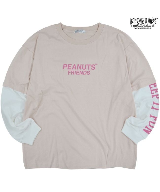 ピーナッツ PEANUTS スヌーピー ピーナッツ Tシャツ 長袖 切り替え プリント SNOOPY PEANUTS,A-ピンクベージュxオフホワイト