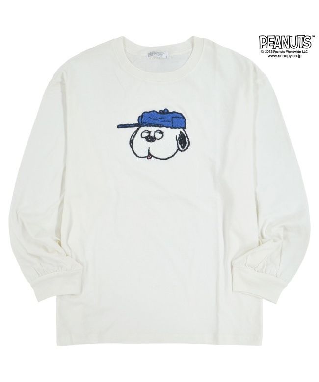 ピーナッツ PEANUTS スヌーピー オラフ Tシャツ ロンT バルーン シルエット 刺繍 SNOOPY PEANUTS,A-オフホワイト