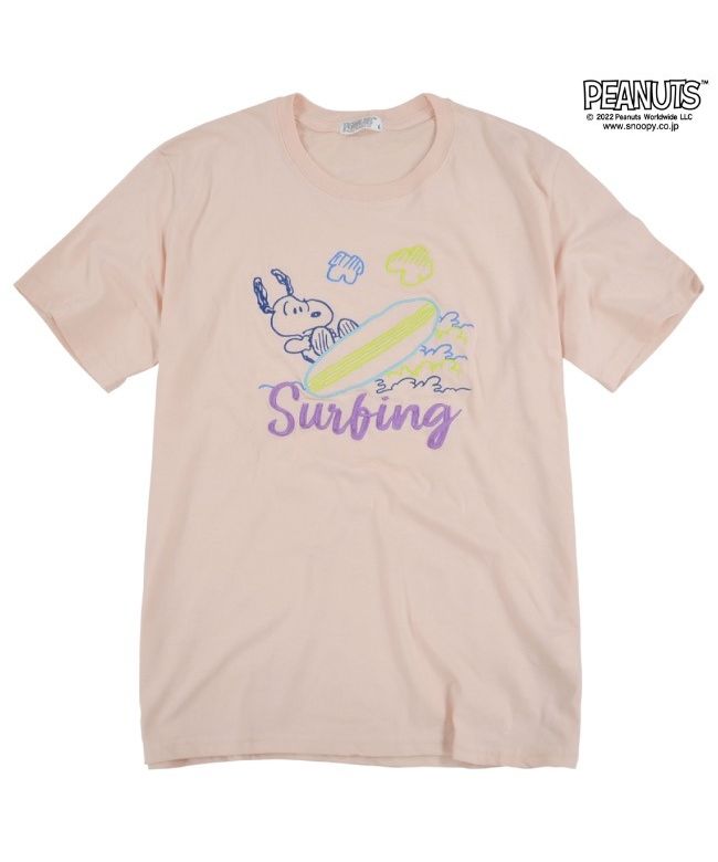 ピーナッツ PEANUTS スヌーピー Tシャツ 刺繍 半袖 線画 夏 サーフィン 南国 PEANUTS SNOOPY （B-Lピンク） B-Lピンク
