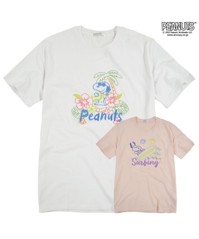 ピーナッツ PEANUTS スヌーピー Tシャツ 刺繍 半袖 線画 夏 サーフィン 南国 PEANUTS SNOOPY （B-Lピンク） B-Lピンク