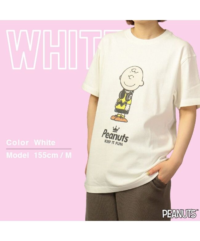 ピーナッツ PEANUTS チャーリー ブラウン 半袖 Tシャツ ピグメント 音楽 ヘッドフォン 夏 フェス サークル ストリート メンズ レディース スヌーピー SNOOPY BIG 大,ヘビーウェイト ホワイト