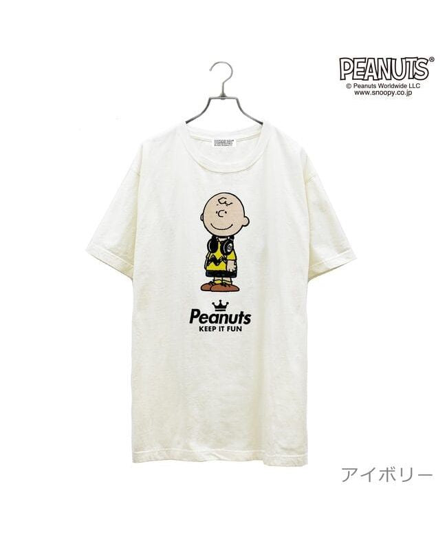 ピーナッツ PEANUTS チャーリー ブラウン 半袖 Tシャツ ピグメント 音楽 ヘッドフォン 夏 フェス サークル ストリート メンズ レディース スヌーピー SNOOPY BIG 大,アイボリー