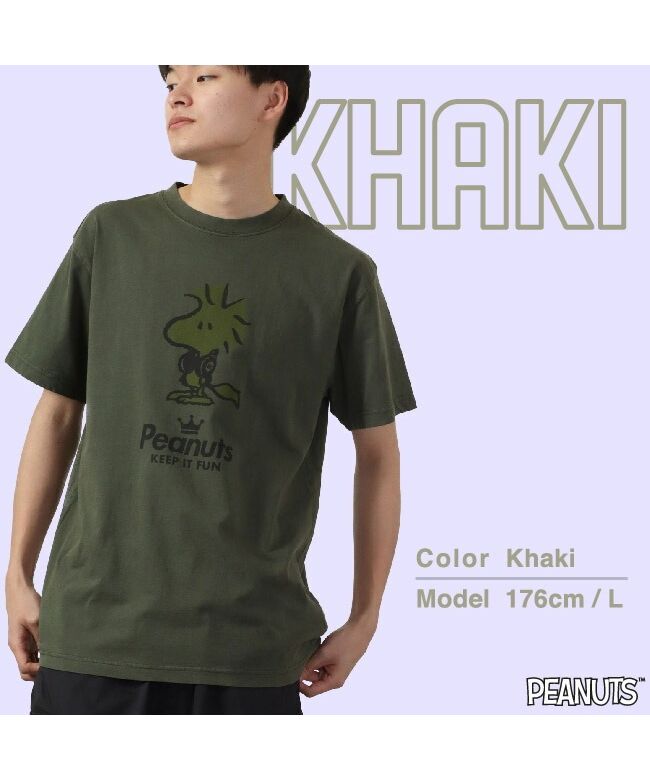 ピーナッツ PEANUTS ウッド ストック 半袖 Tシャツ ピグメント 音楽 ヘッドフォン 夏 フェス サークル ストリート メンズ レディース スヌーピー SNOOPY BIG 大きい,カーキ