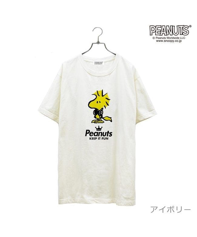 ピーナッツ PEANUTS ウッド ストック 半袖 Tシャツ ピグメント 音楽 ヘッドフォン 夏 フェス サークル ストリート メンズ レディース スヌーピー SNOOPY BIG 大きい,アイボリー