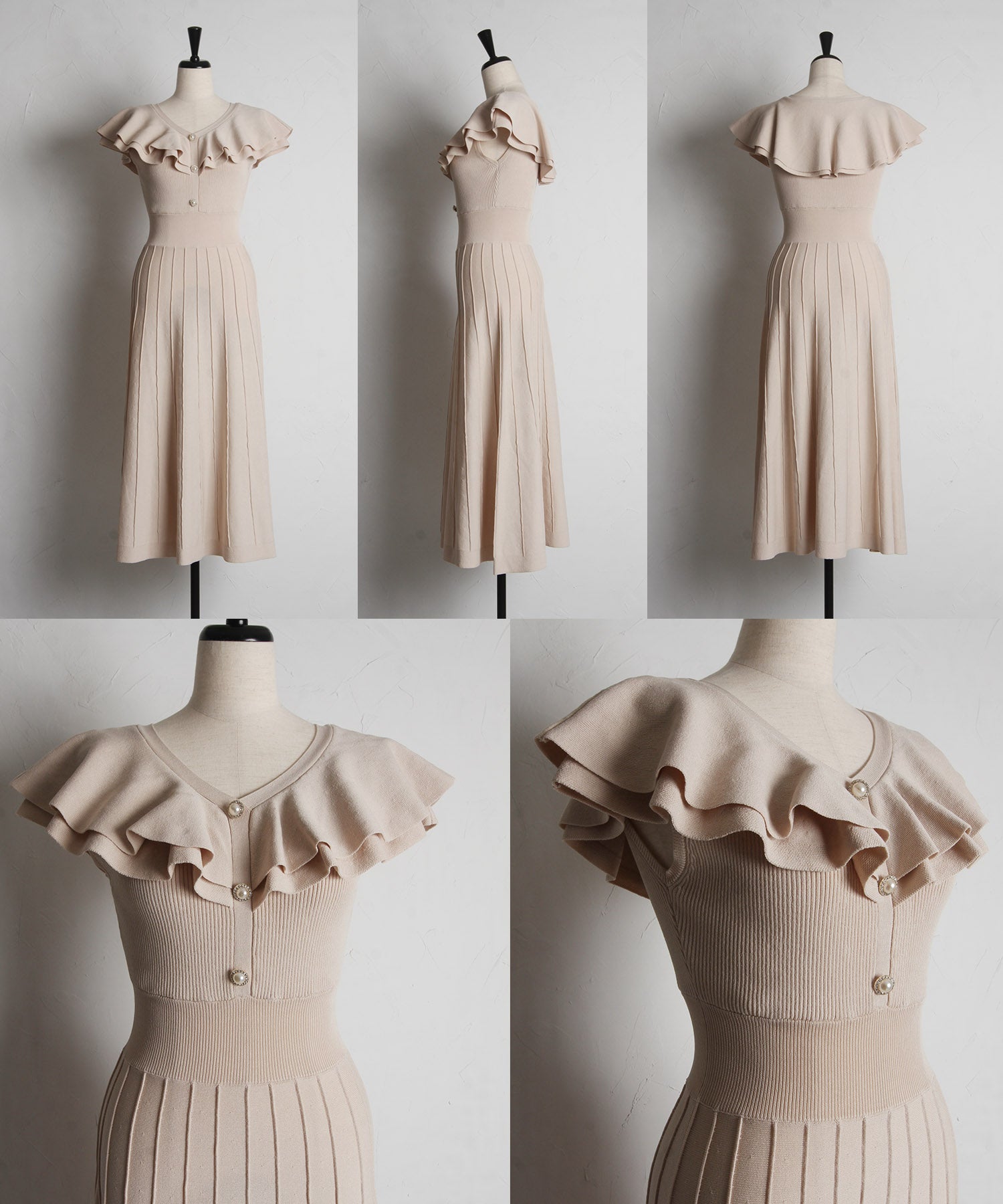 トッコクローゼット tocco closet パール飾り釦付きラッフルフリルリブニットワンピース （グレイッシュブルー） グレイッシュブルー