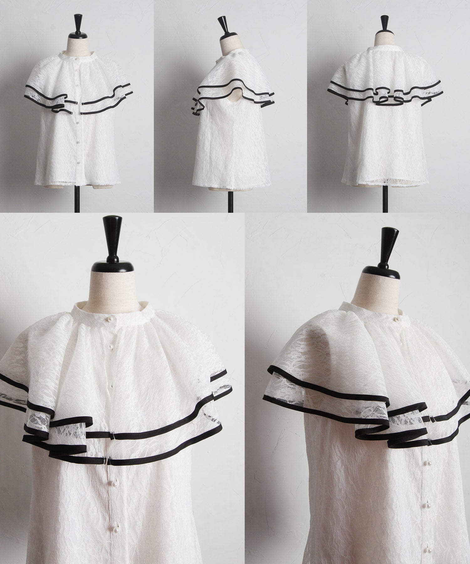 トッコクローゼット tocco closet パール釦バイカラーフリルケープレースブラウス （オフホワイト） オフホワイト