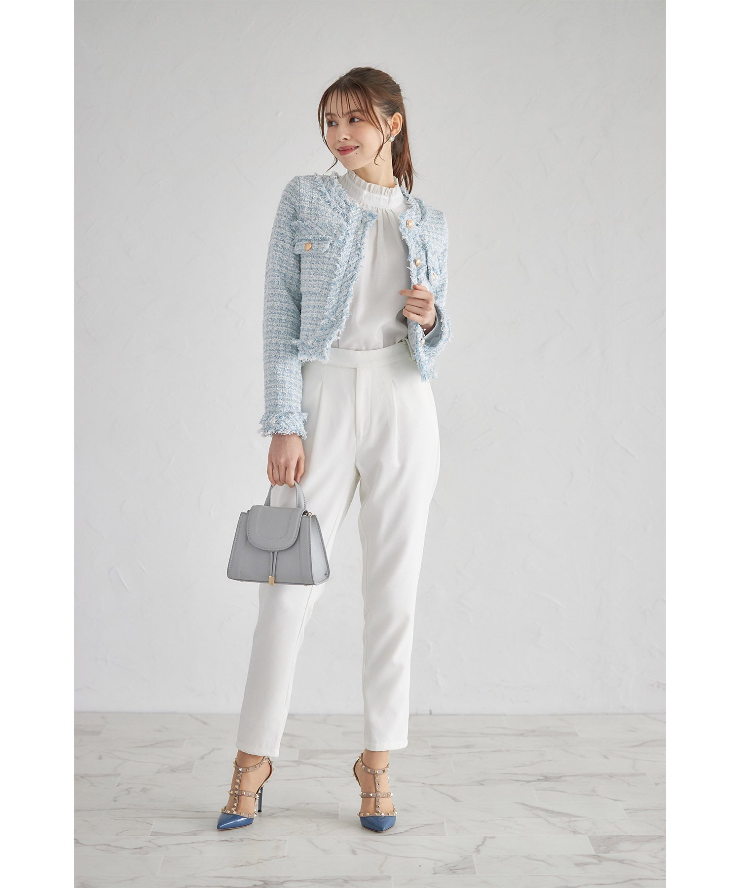 トッコクローゼット tocco closet ゴールド釦フリンジミックスツイードジャケット （サックス） サックス