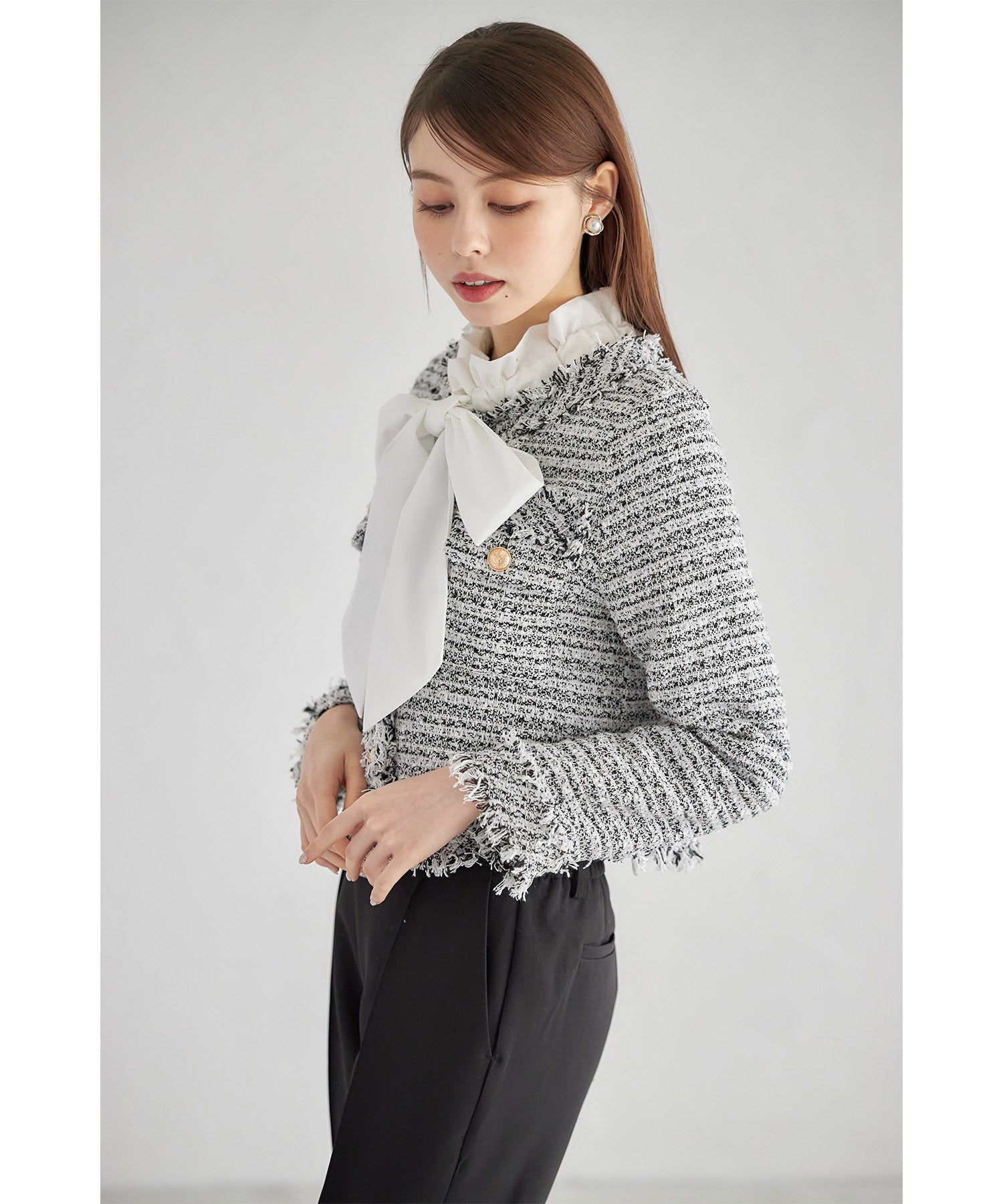 トッコクローゼット tocco closet ゴールド釦フリンジミックスツイードジャケット （サックス） サックス