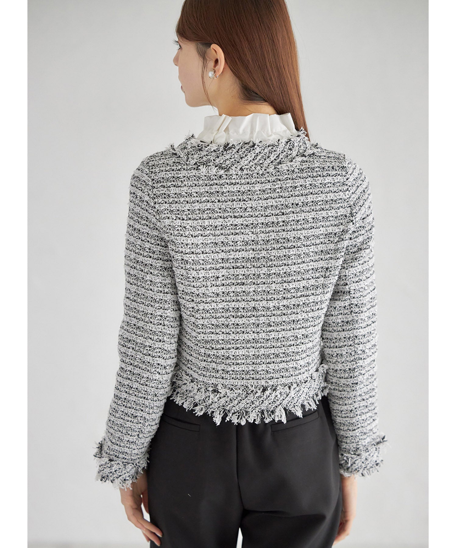 トッコクローゼット tocco closet ゴールド釦フリンジミックスツイードジャケット （サックス） サックス