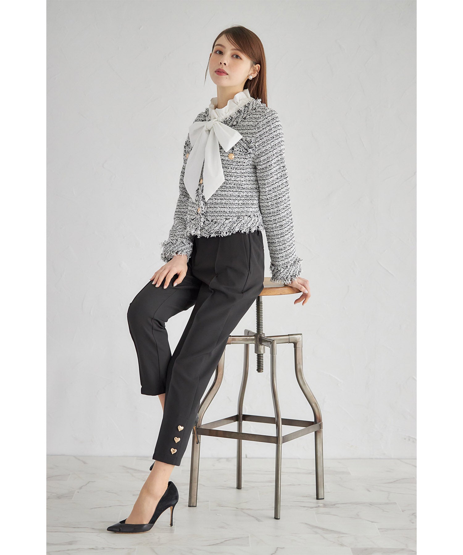 トッコクローゼット tocco closet ゴールド釦フリンジミックスツイードジャケット （サックス） サックス