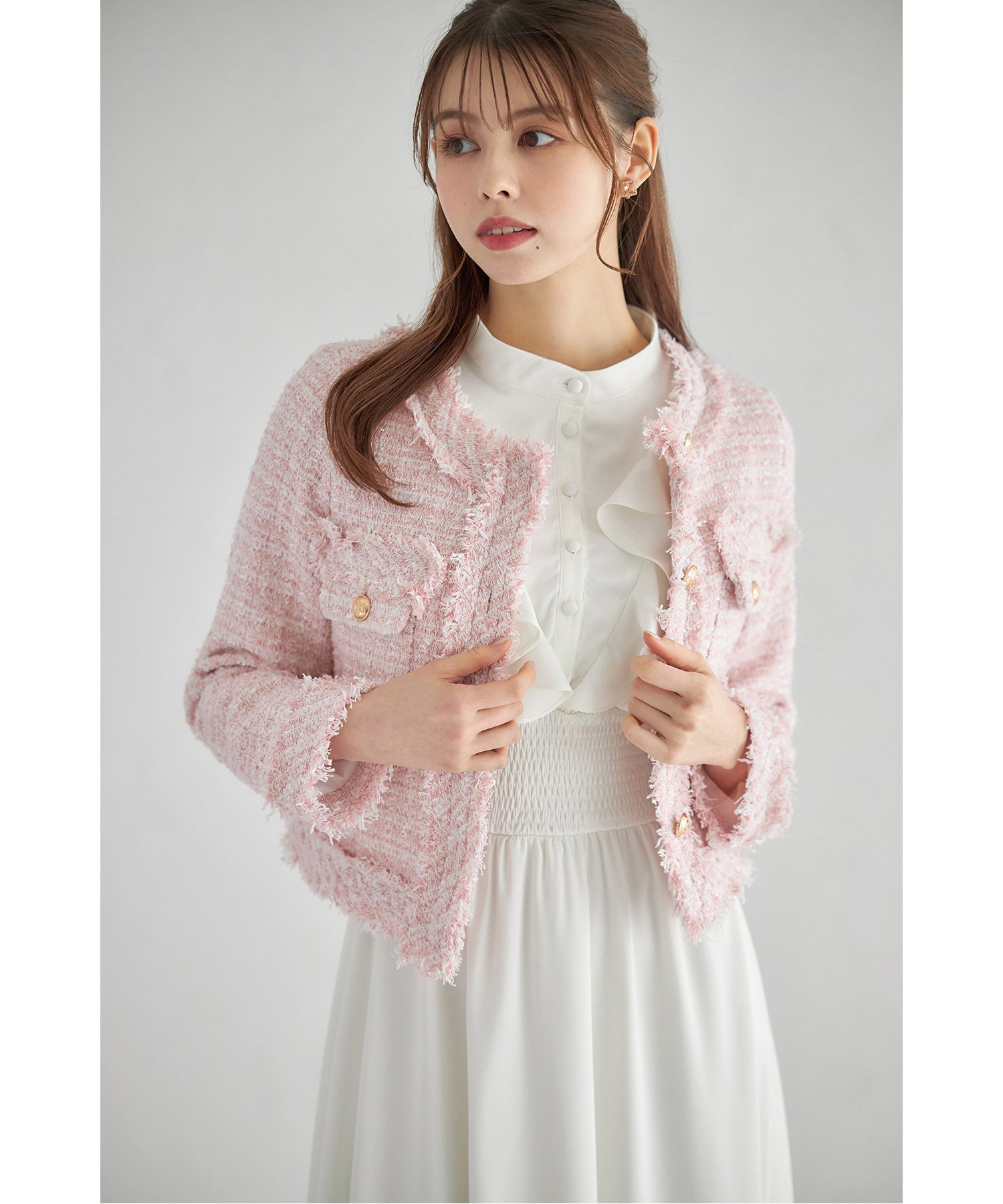 トッコクローゼット tocco closet ゴールド釦フリンジミックスツイードジャケット （サックス） サックス