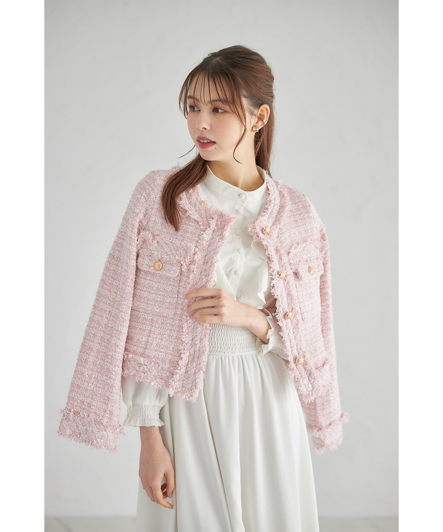 トッコクローゼット tocco closet ゴールド釦フリンジミックスツイードジャケット （サックス） サックス