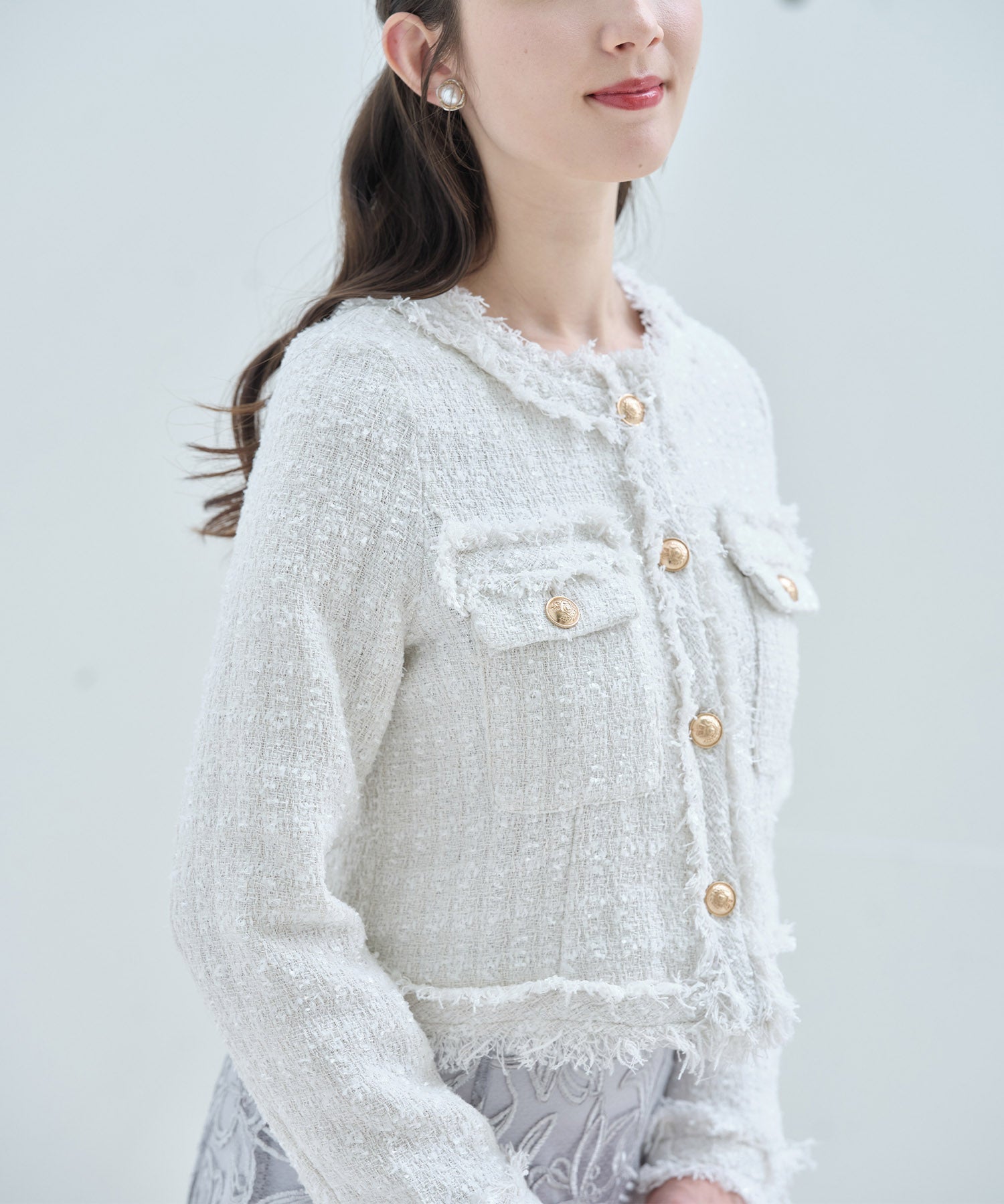 トッコクローゼット tocco closet ゴールド釦フリンジミックスツイードジャケット （サックス） サックス