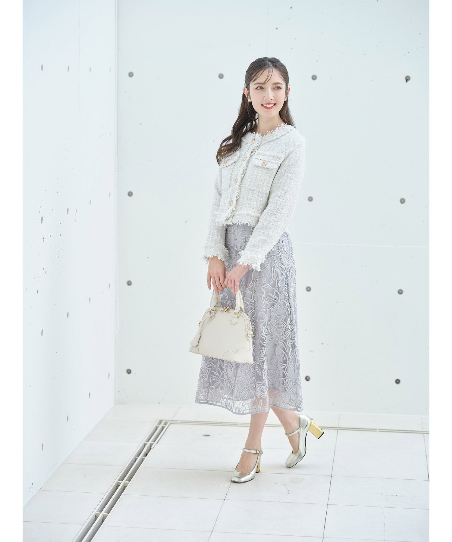 トッコクローゼット tocco closet ゴールド釦フリンジミックスツイードジャケット （サックス） サックス