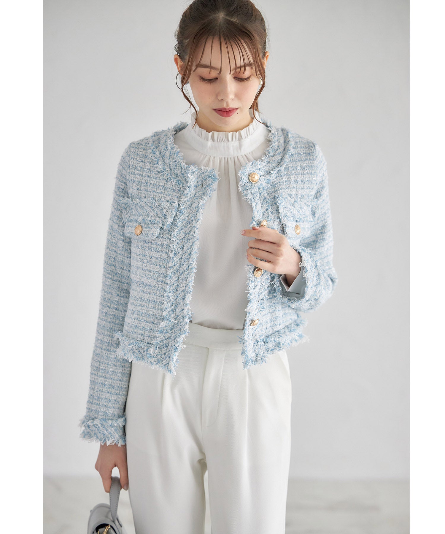 トッコクローゼット tocco closet ゴールド釦フリンジミックスツイードジャケット （サックス） サックス