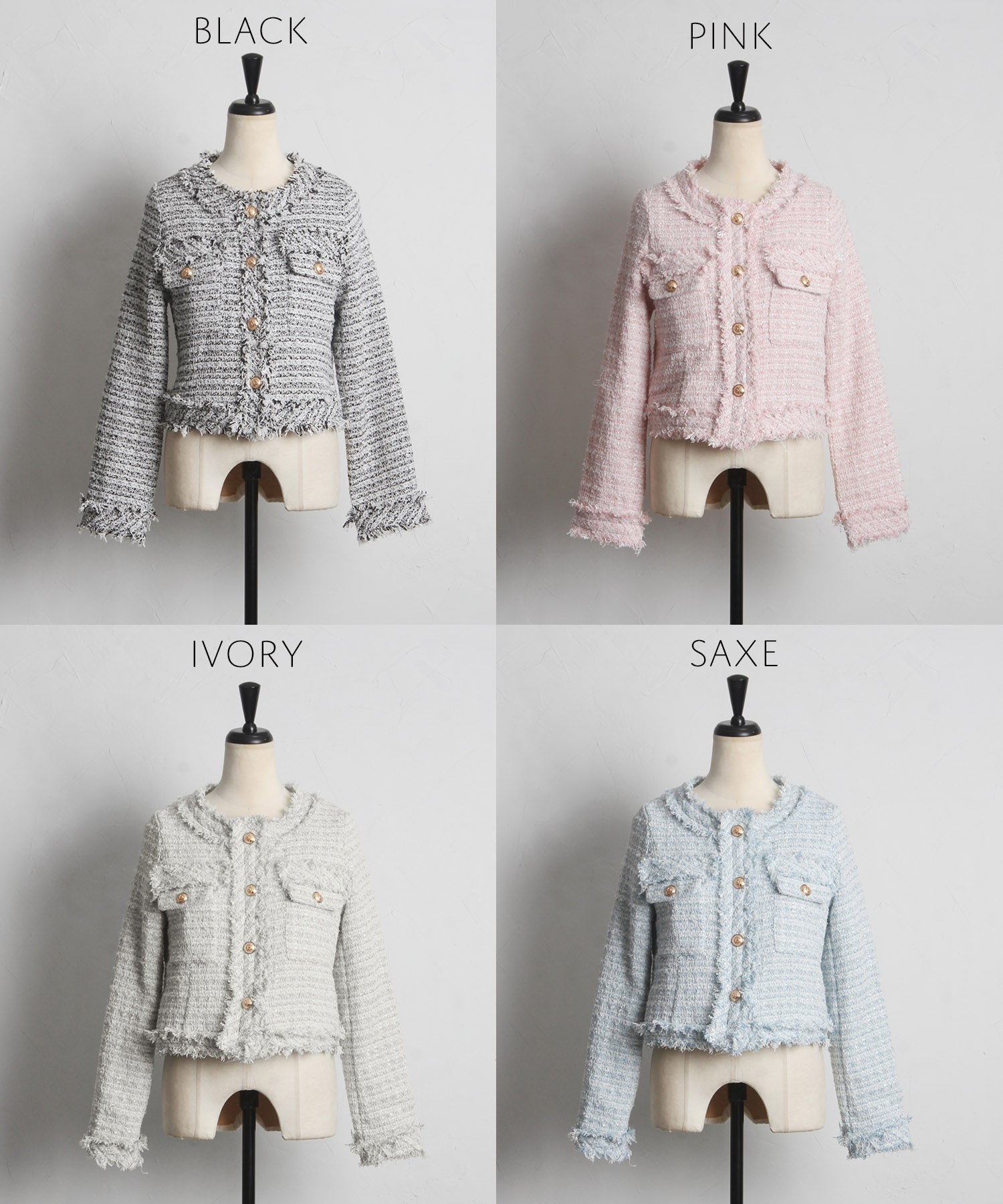 トッコクローゼット tocco closet ゴールド釦フリンジミックスツイードジャケット （サックス） サックス