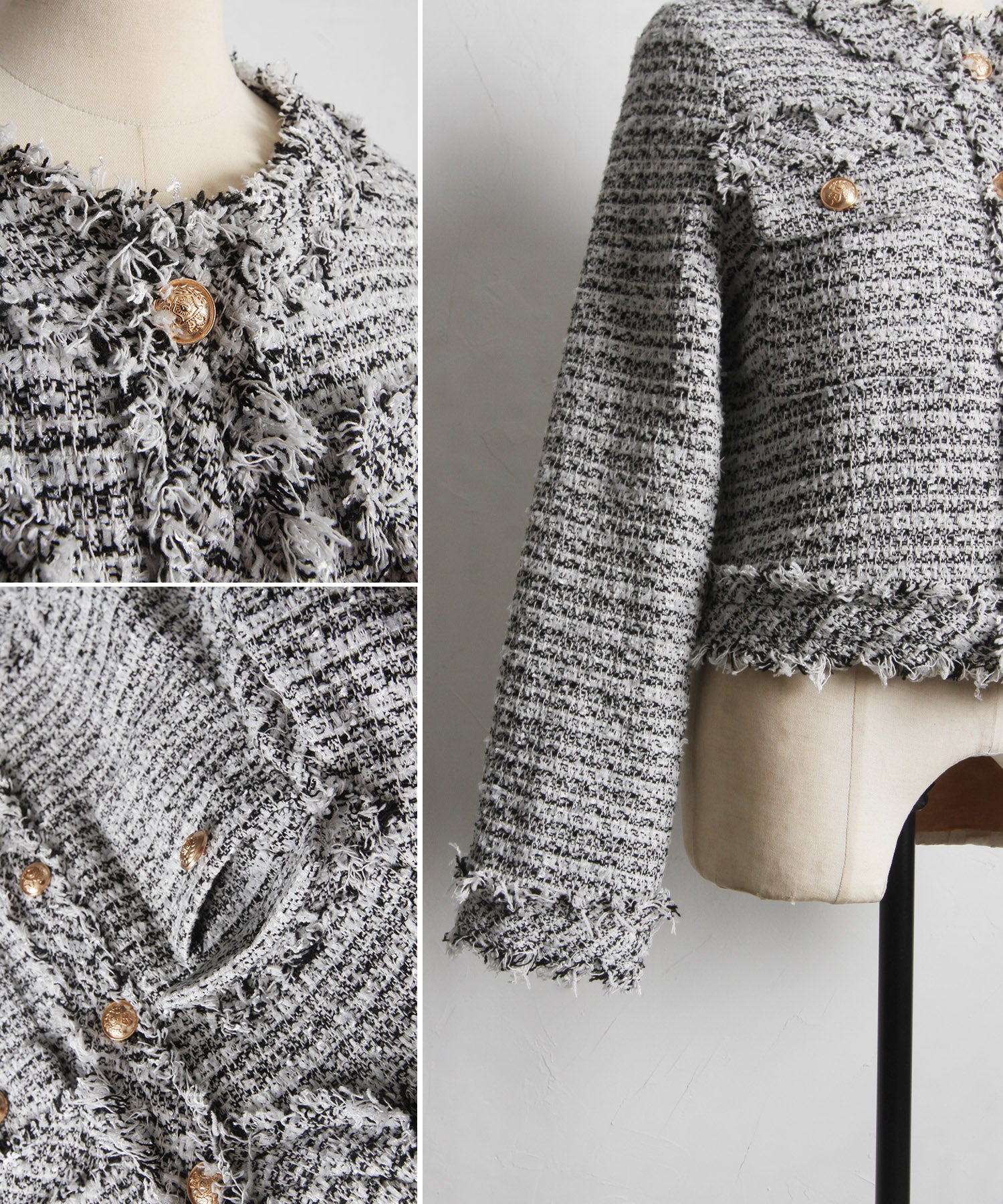 トッコクローゼット tocco closet ゴールド釦フリンジミックスツイードジャケット （サックス） サックス