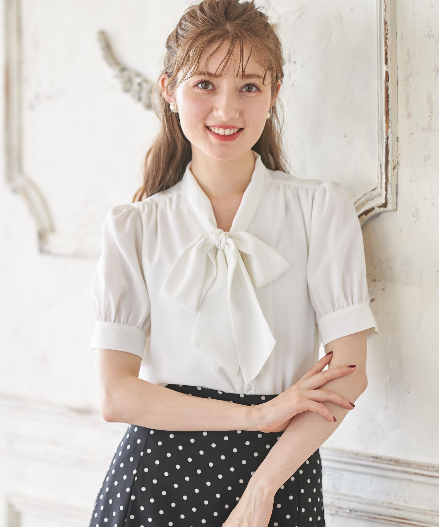 トッコクローゼット tocco closet ボウタイりぼん半袖ブラウス,オフホワイト