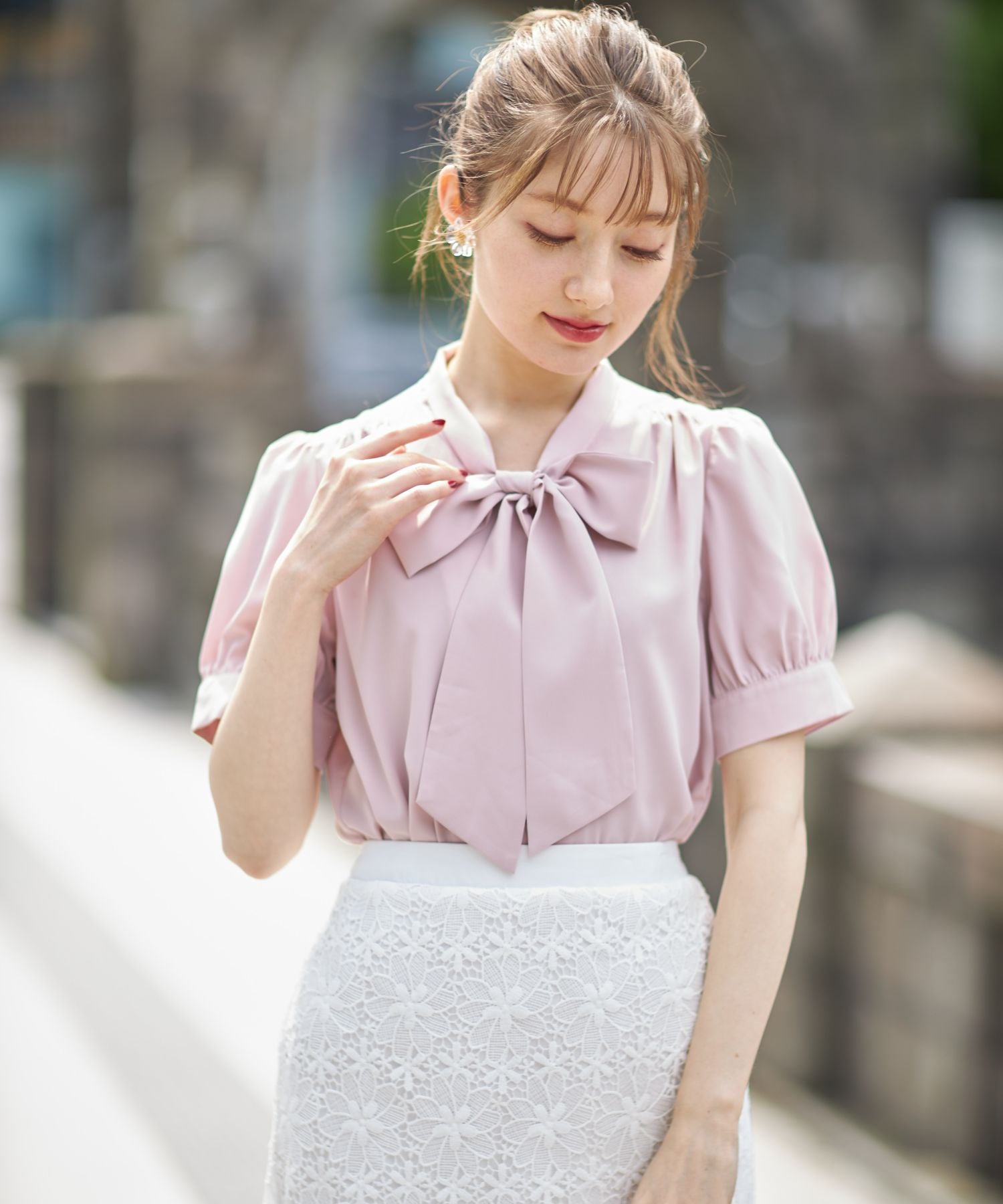 トッコクローゼット tocco closet ボウタイりぼん半袖ブラウス,ピンク