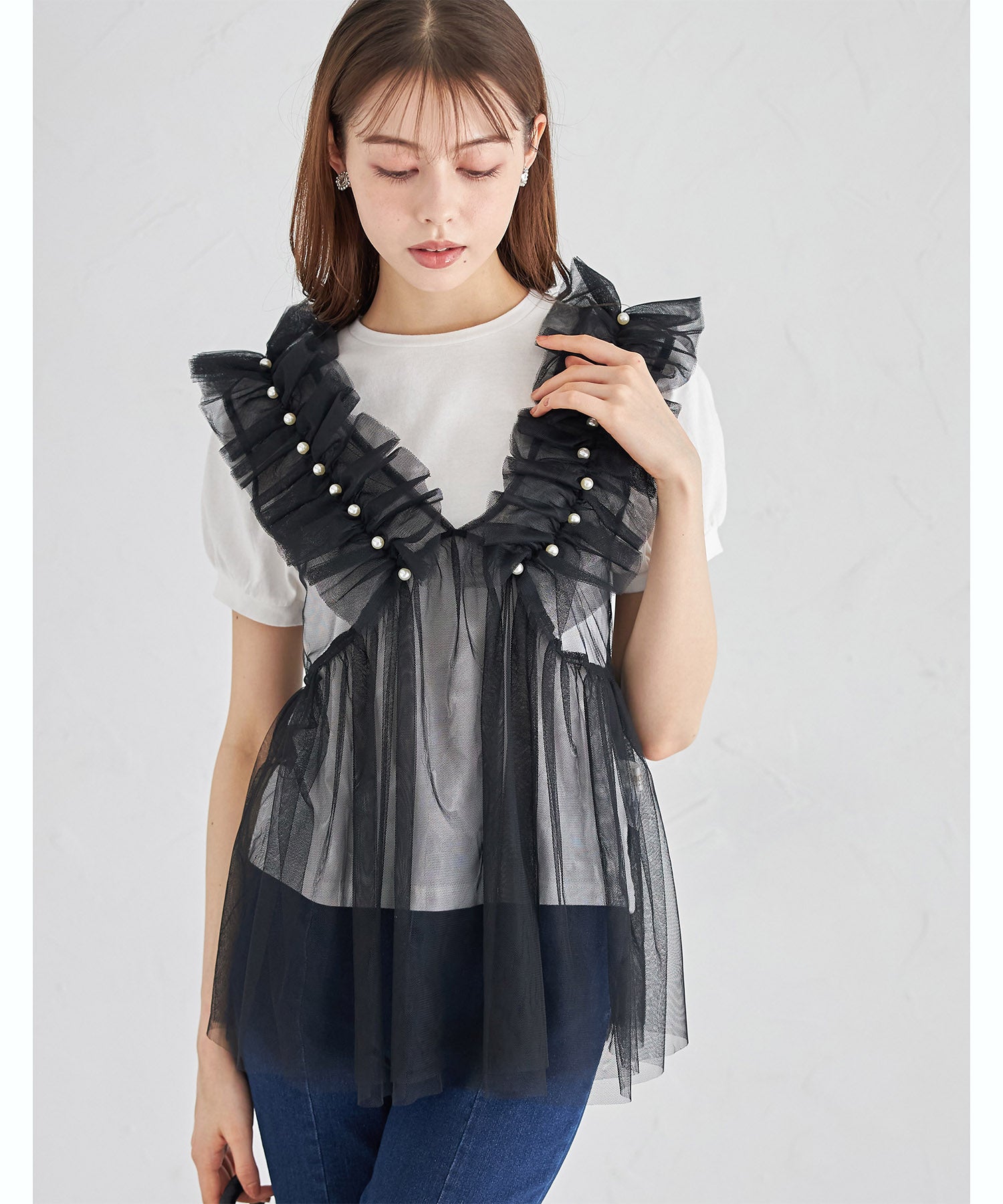 トッコクローゼット tocco closet パール付きチュールビスチェ （アイボリー） アイボリー
