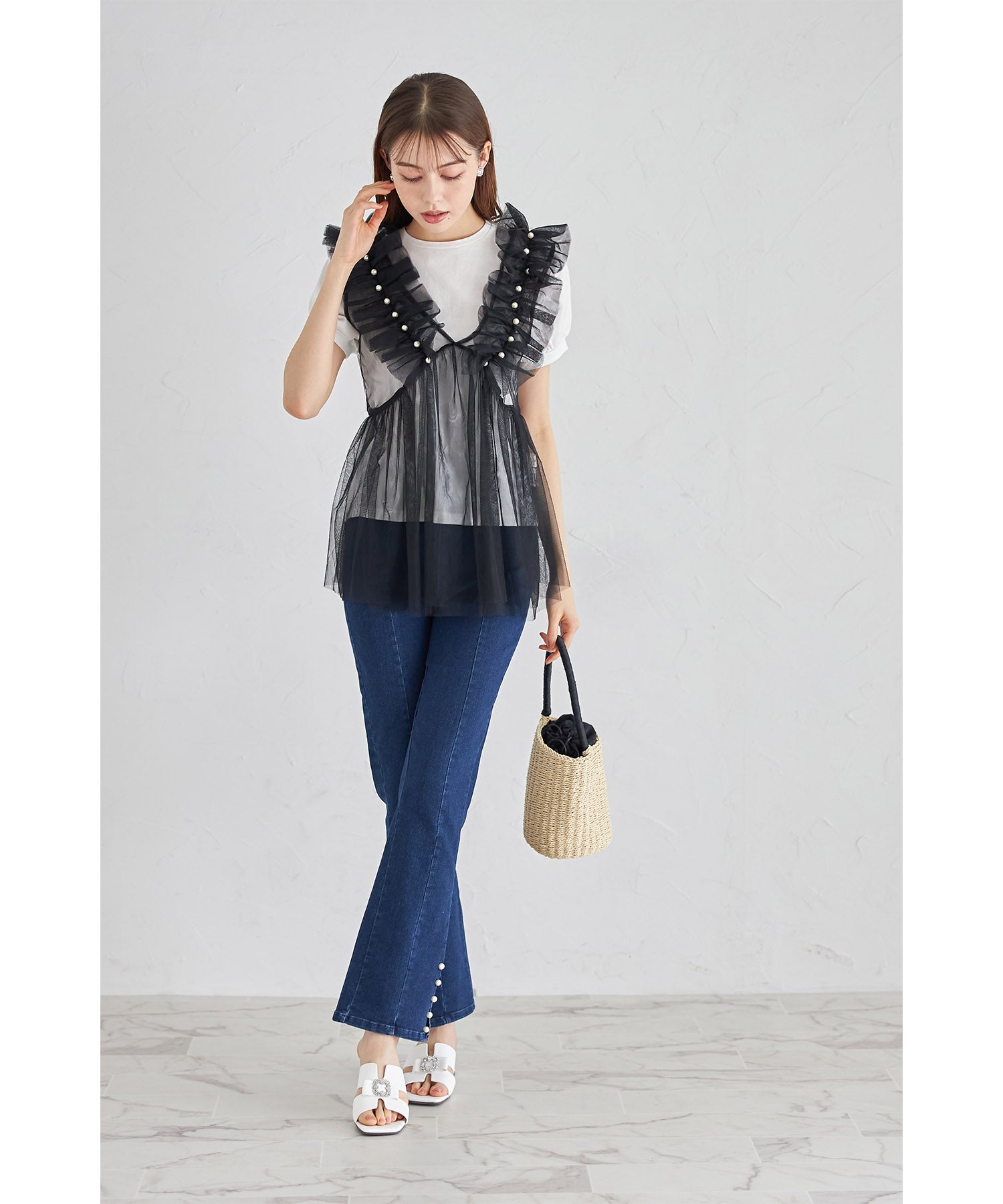 トッコクローゼット tocco closet パール付きチュールビスチェ （アイボリー） アイボリー