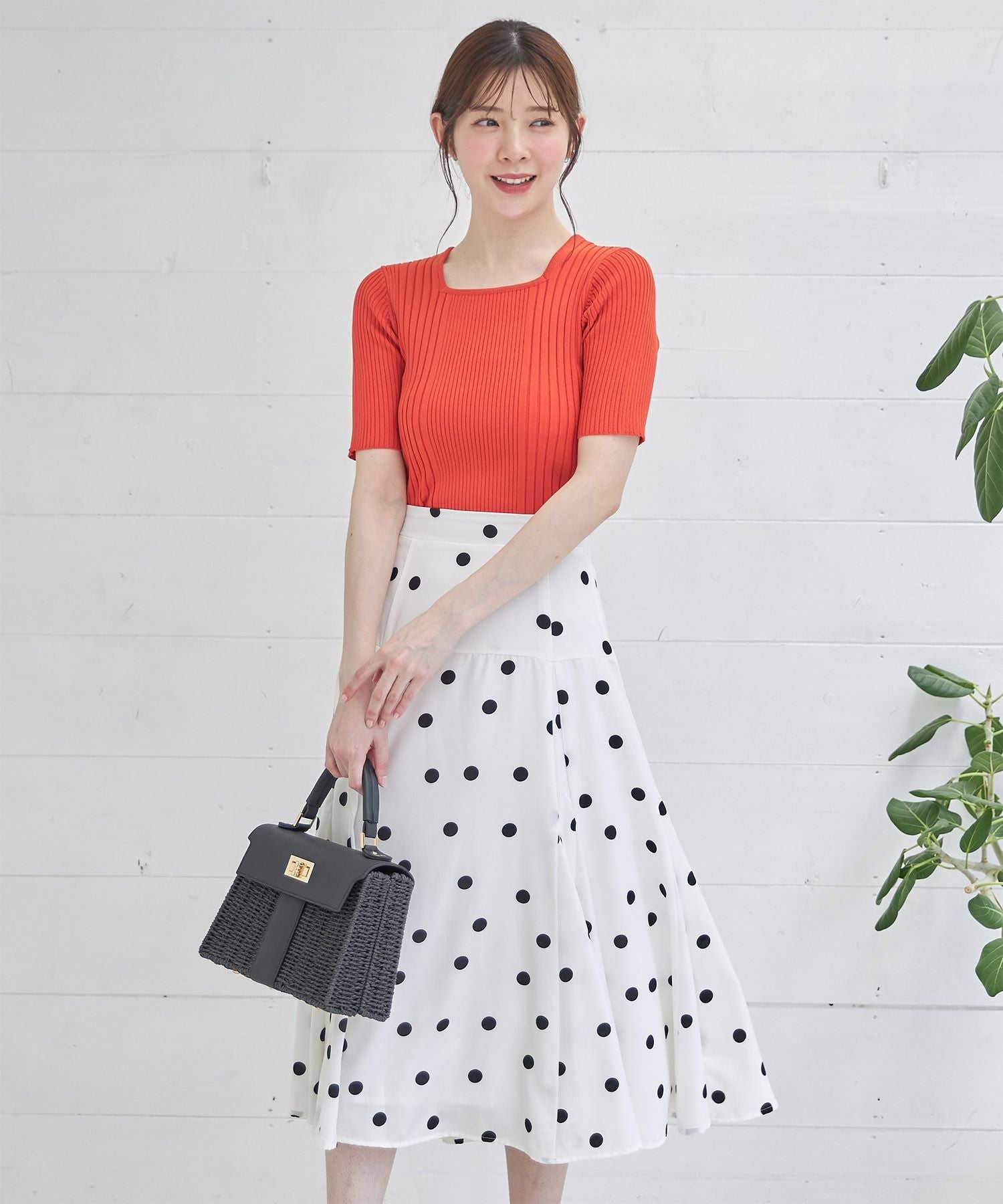 トッコクローゼット tocco closet 接触冷感♪スクエアネックランダムリブニットプルオーバー （オレンジ） オレンジ