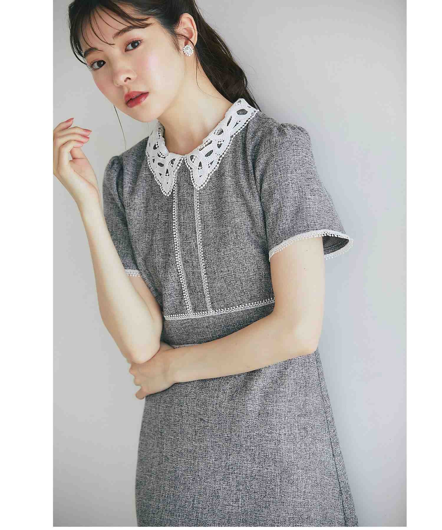 トッコクローゼット tocco closet 2WAYレース襟付き配色サマーツイード