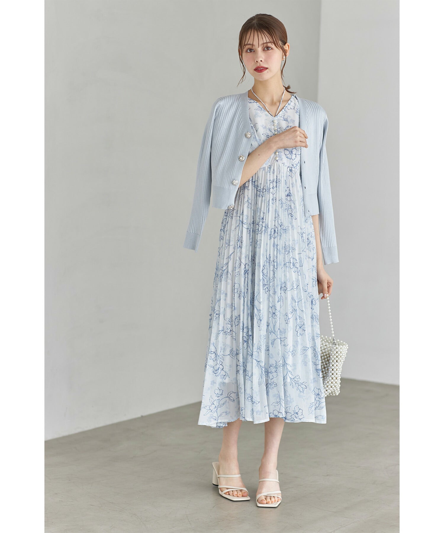 トッコクローゼット tocco closet 花朵珠飾短版羅紋針織開衫