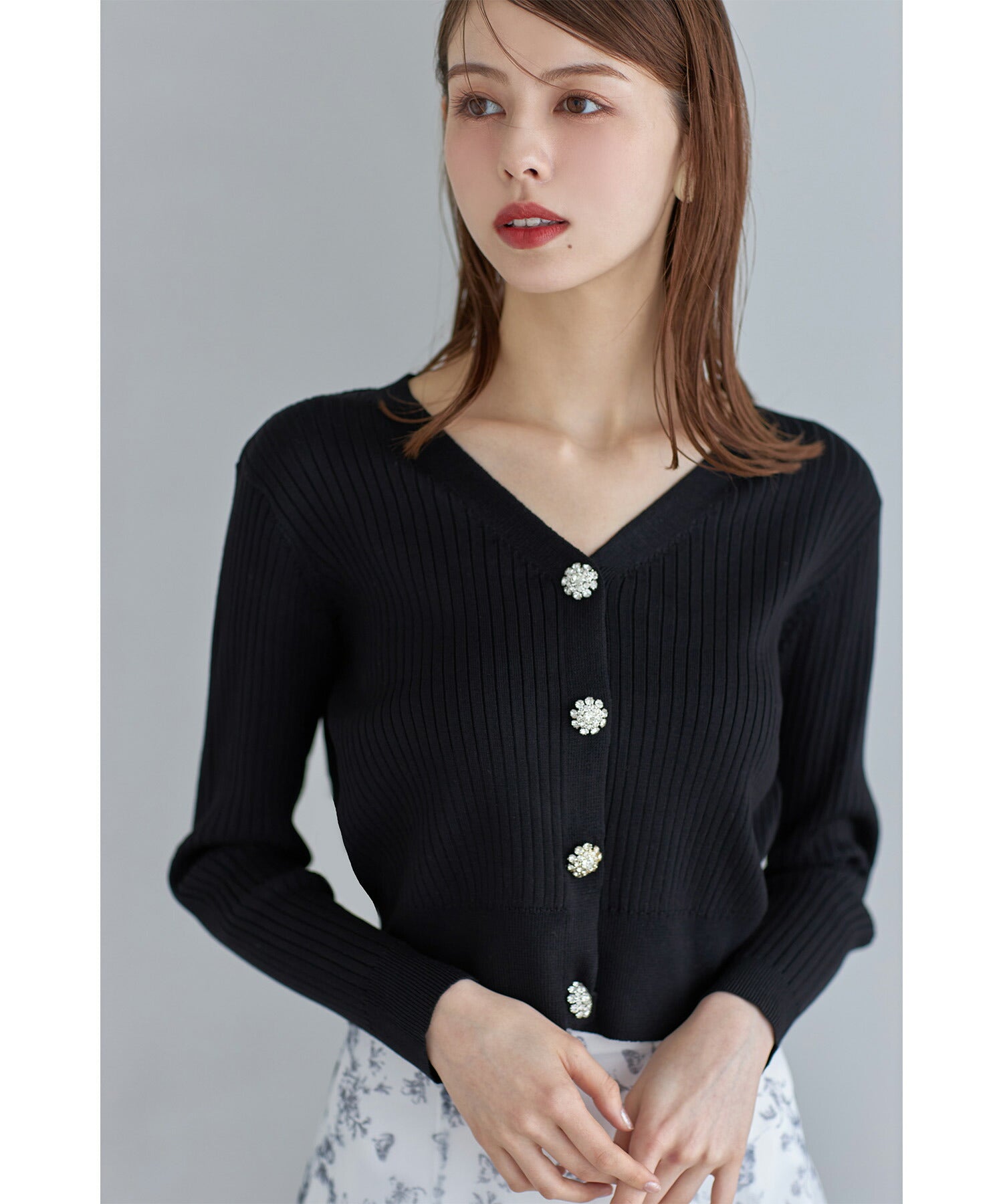 トッコクローゼット tocco closet 花朵珠飾短版羅紋針織開衫