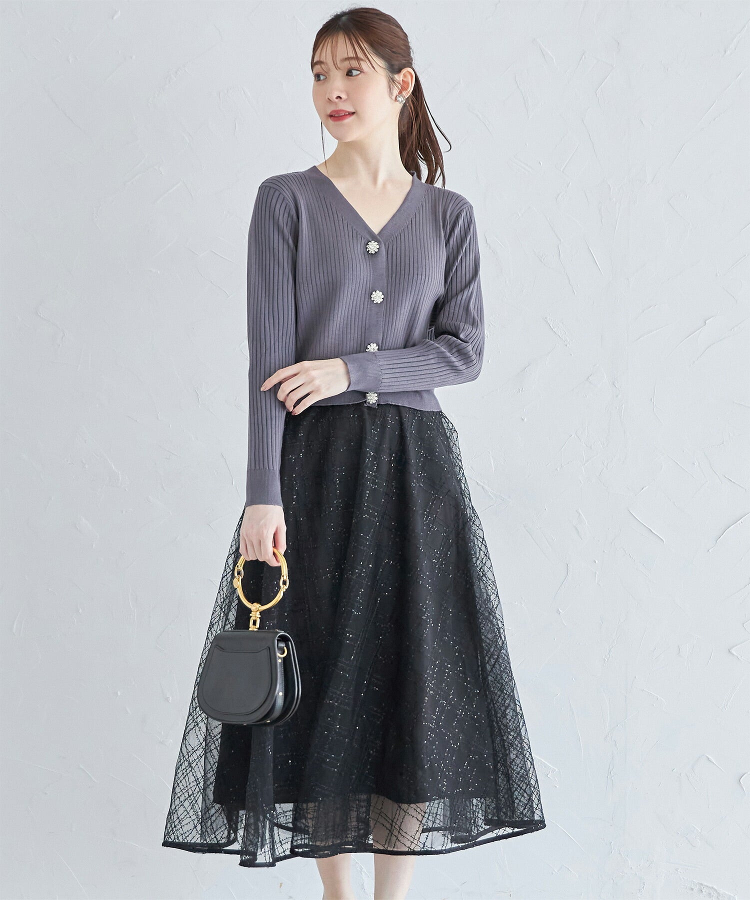 トッコクローゼット tocco closet 花朵珠飾短版羅紋針織開衫