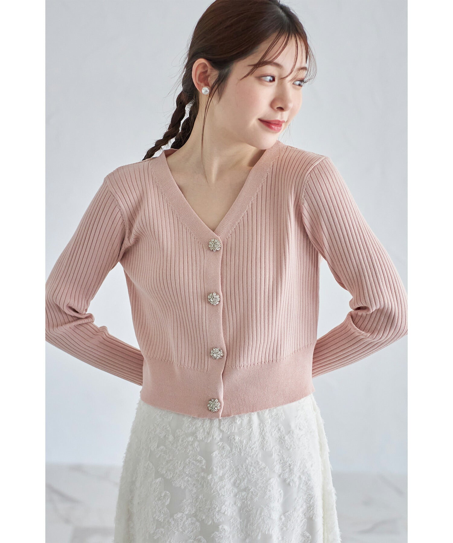 トッコクローゼット tocco closet 花朵珠飾短版羅紋針織開衫