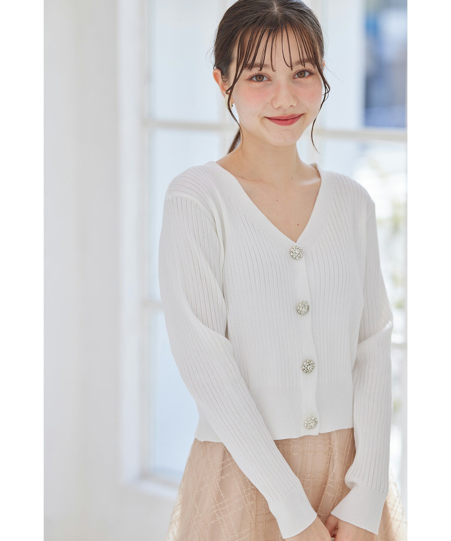トッコクローゼット tocco closet 花朵珠飾短版羅紋針織開衫