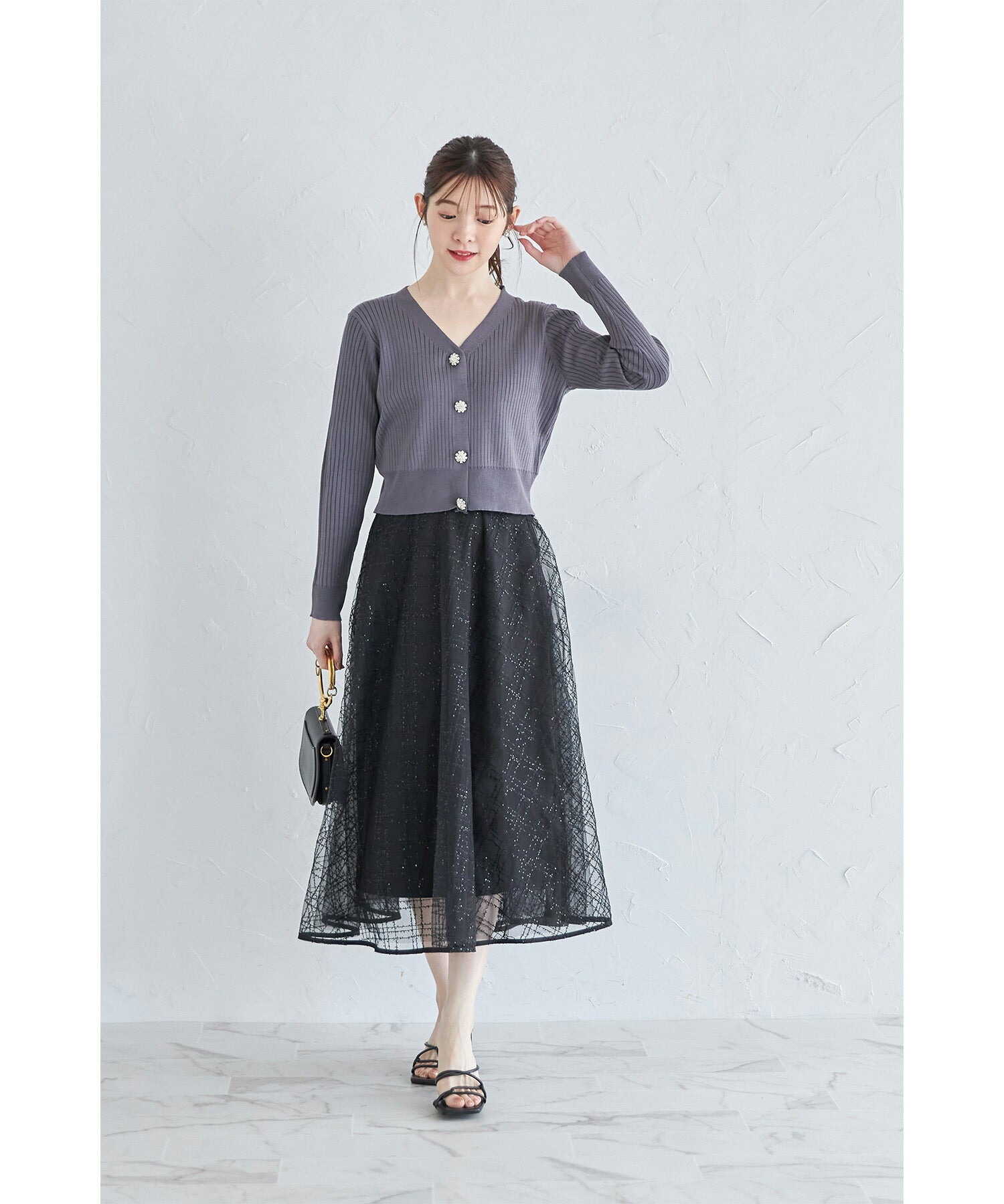 トッコクローゼット tocco closet 花朵珠飾短版羅紋針織開衫