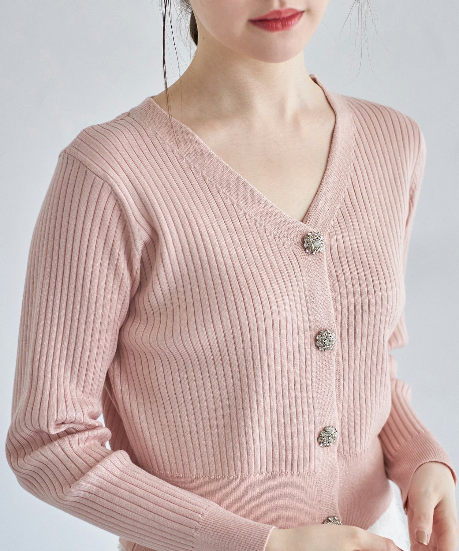 トッコクローゼット tocco closet 花朵珠飾短版羅紋針織開衫