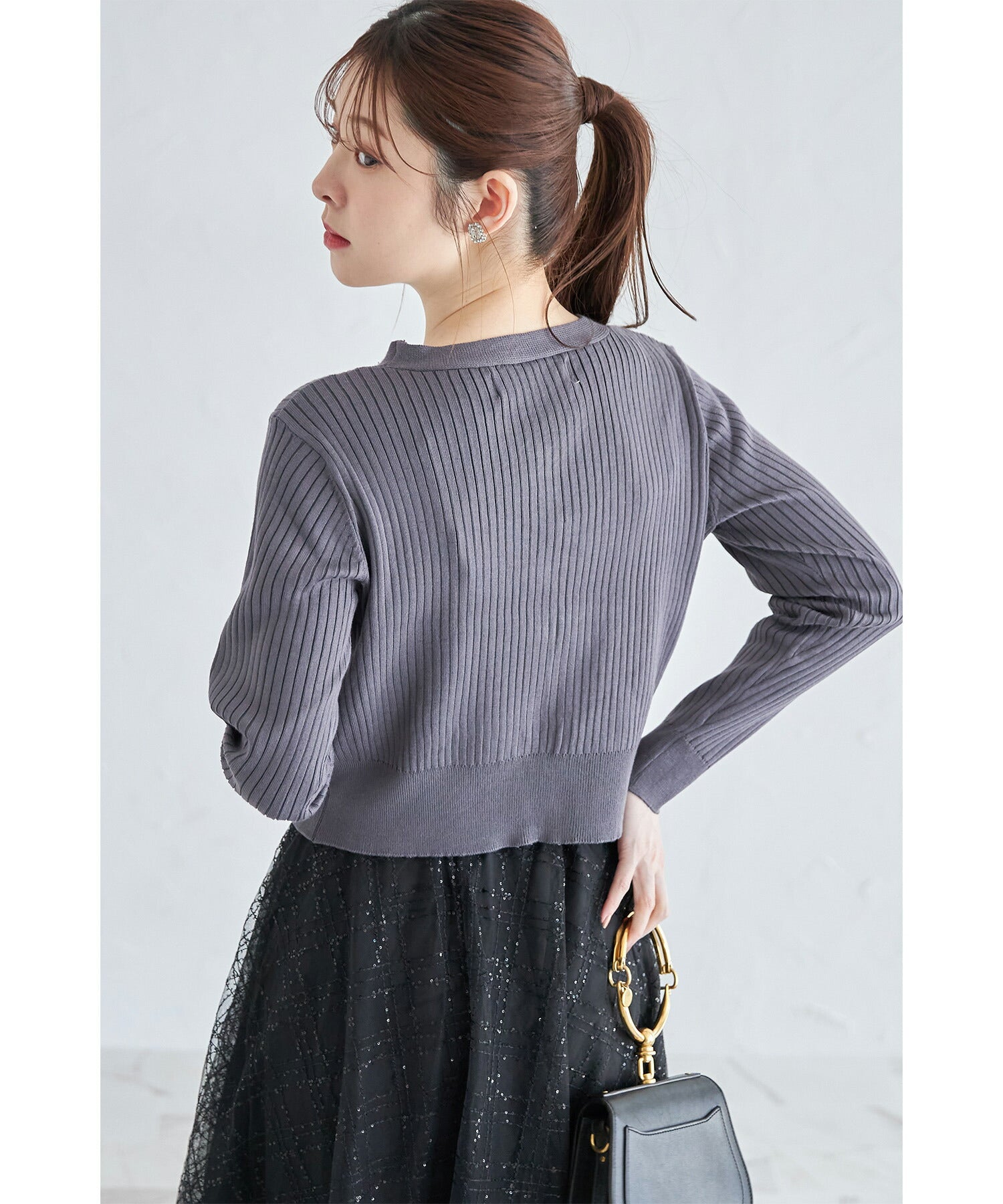 トッコクローゼット tocco closet 花朵珠飾短版羅紋針織開衫
