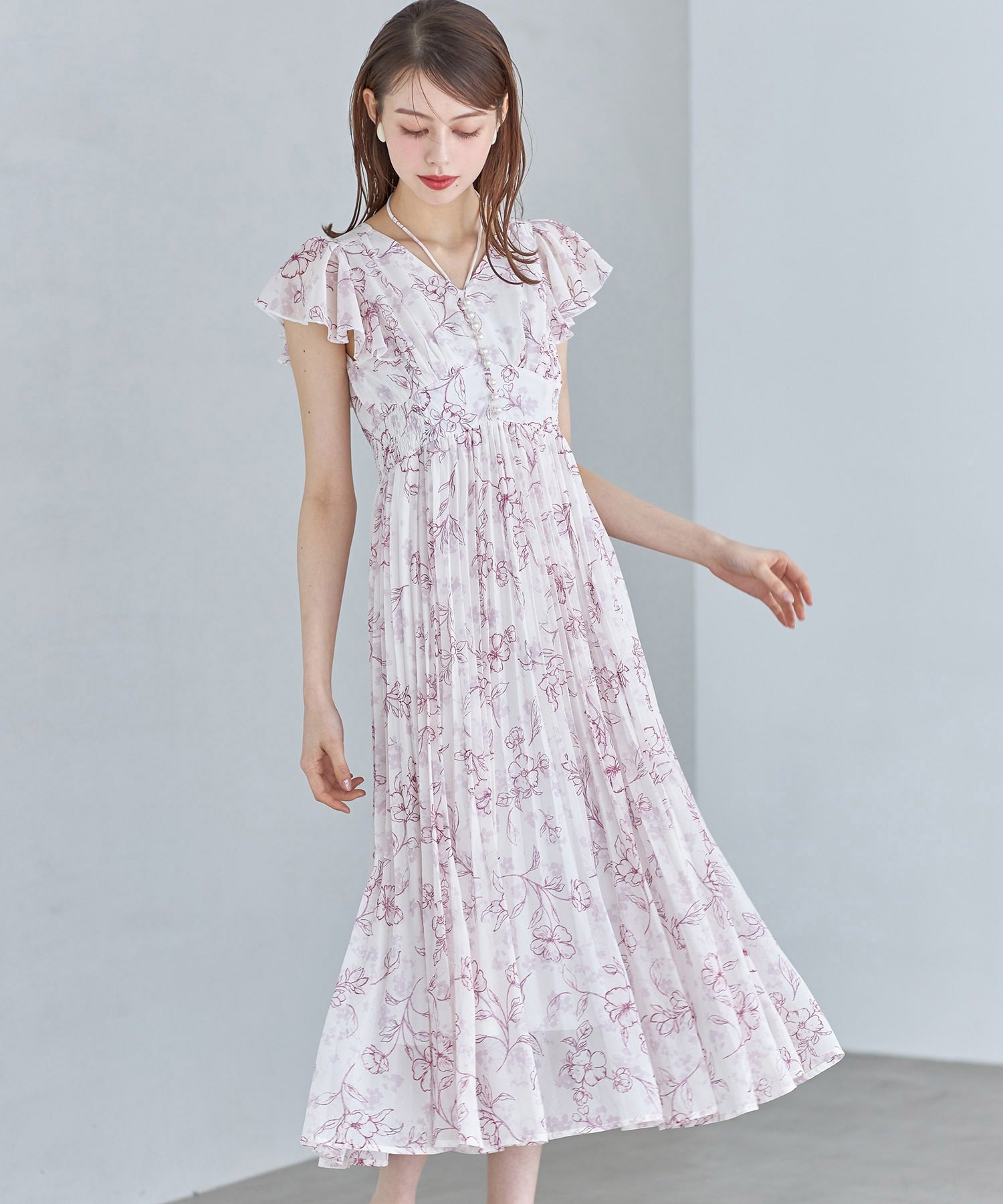 トッコクローゼット tocco closet パール付きネックリボン水彩ラインフラワープリーツワンピース