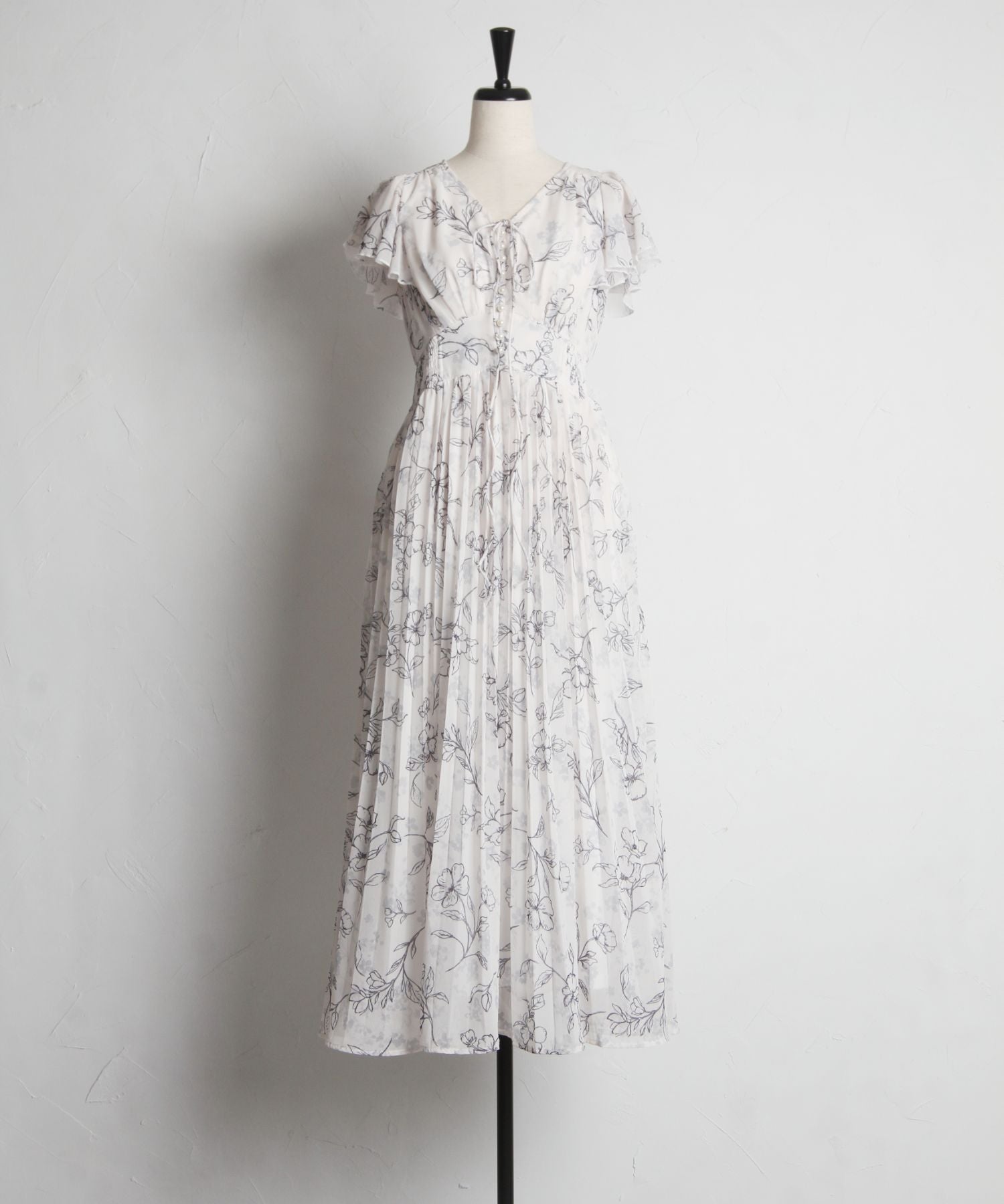 トッコクローゼット tocco closet パール付きネックリボン水彩ラインフラワープリーツワンピース