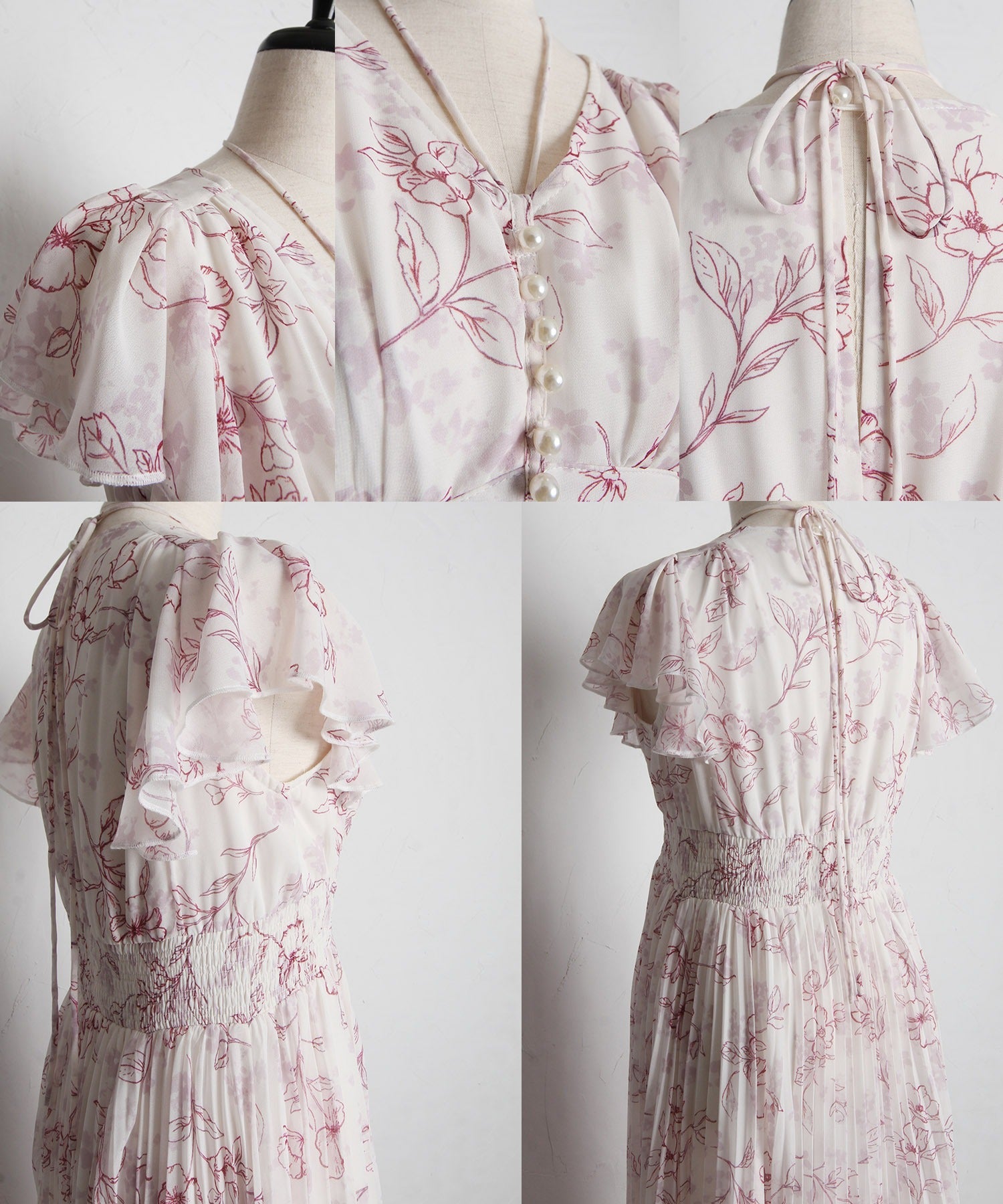 トッコクローゼット tocco closet パール付きネックリボン水彩ラインフラワープリーツワンピース