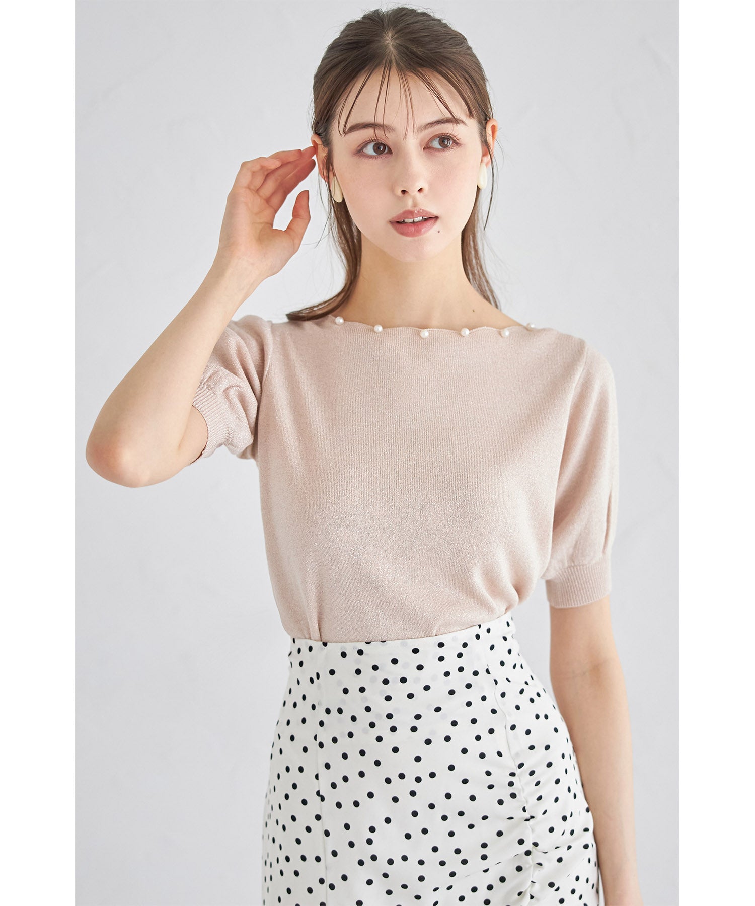 トッコクローゼット tocco closet パール付きスカラネックラメニットプルオーバー （ライトピンク） ライトピンク