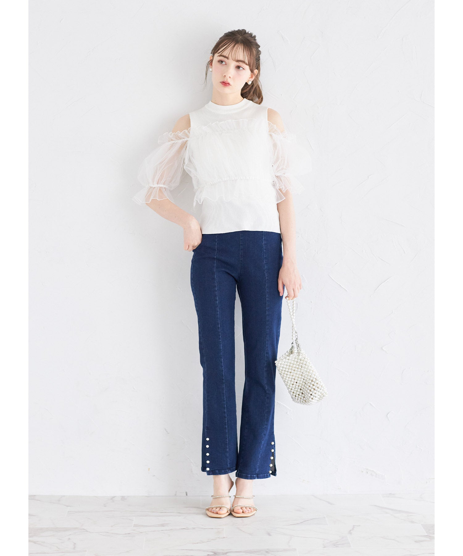 トッコクローゼット tocco closet チュールドッキングリブニットプルオーバー （オフホワイト） オフホワイト