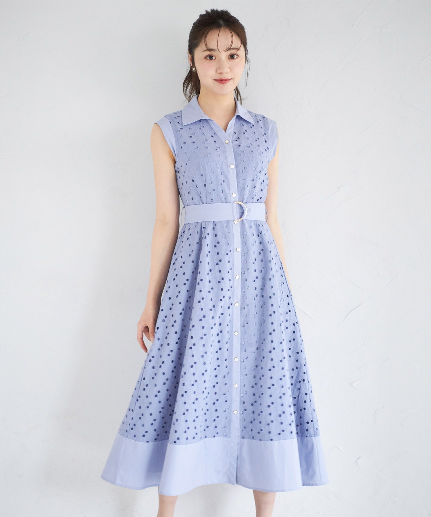 トッコクローゼット tocco closet ベルト付き花釦フラワーコットンレースシャツワンピース （オフホワイト） オフホワイト