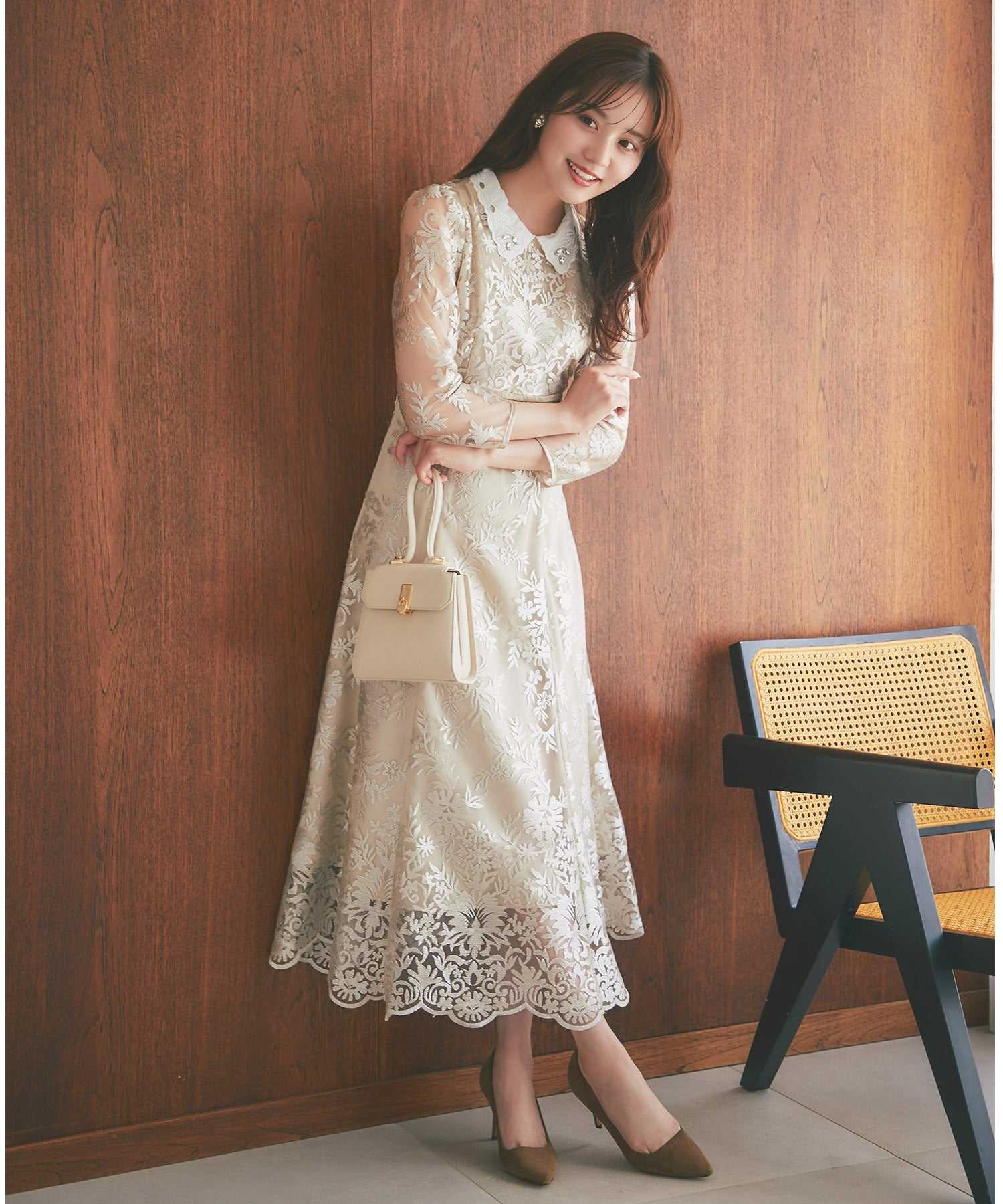 トッコクローゼット tocco closet 取り外し可能な立体フラワー襟付きレースワンピース （シャンパンゴールド） シャンパンゴールド