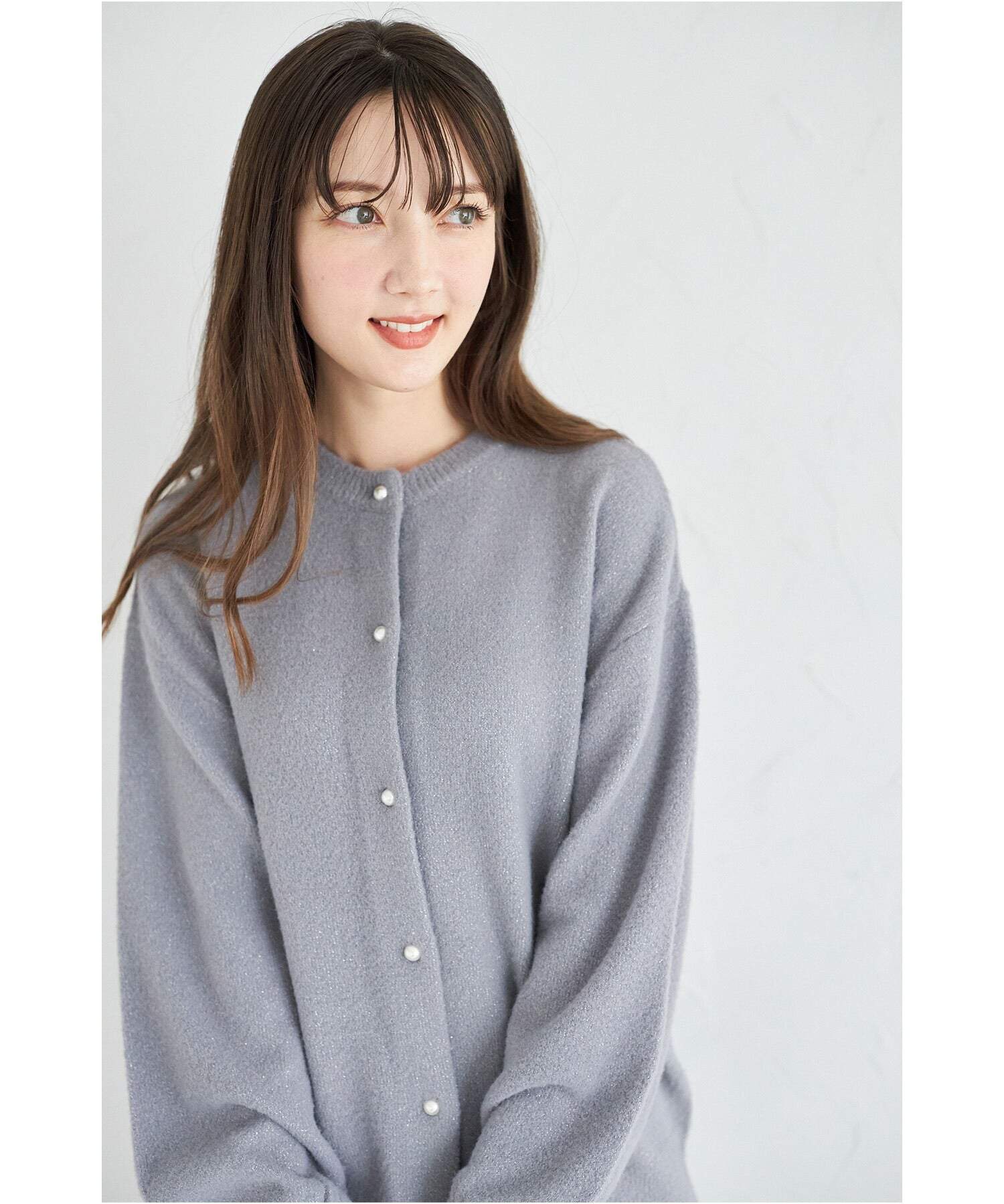 トッコクローゼット tocco closet パール釦カーディガン×タイトスカートのラメ入りフェザーニットセットアップ,ブルー