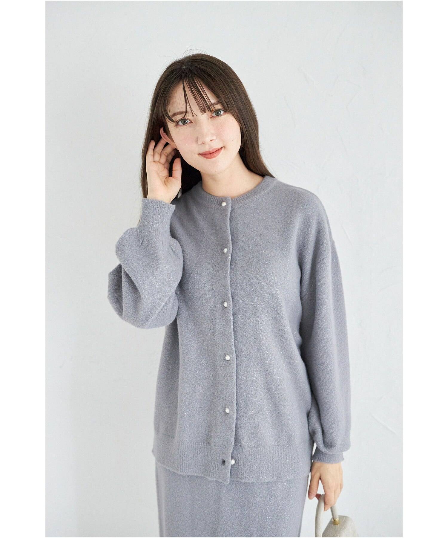 トッコクローゼット tocco closet パール釦カーディガン×タイトスカートのラメ入りフェザーニットセットアップ