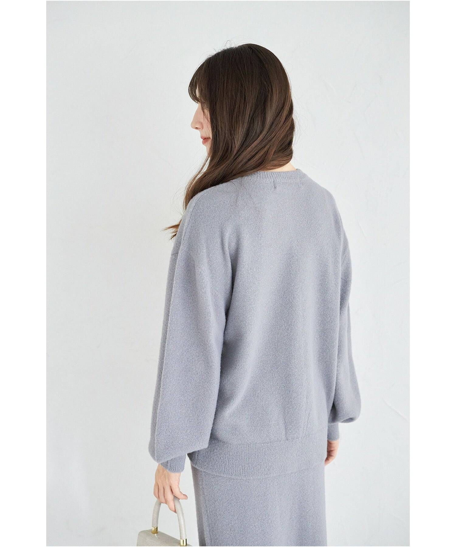 トッコクローゼット tocco closet パール釦カーディガン×タイトスカートのラメ入りフェザーニットセットアップ